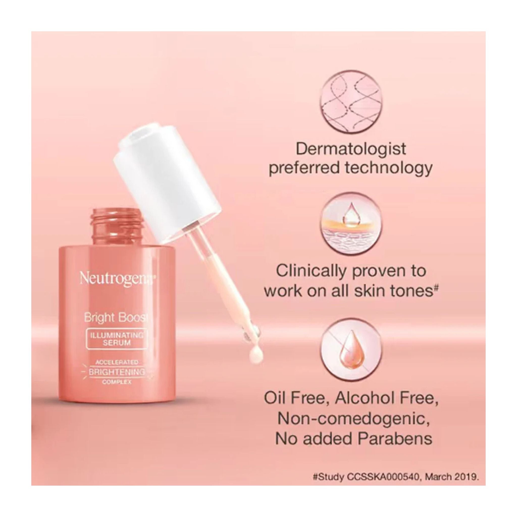 Right side angle of Neutrogena Bright Boost Illuminating Serum 30mL packaging