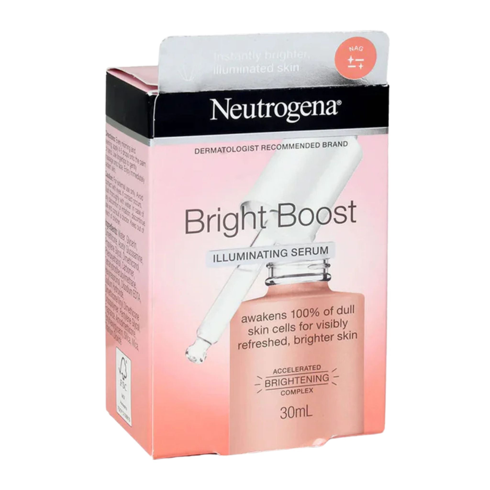 Back view displaying product details of Neutrogena Bright Boost Illuminating Serum 30mL triple pack