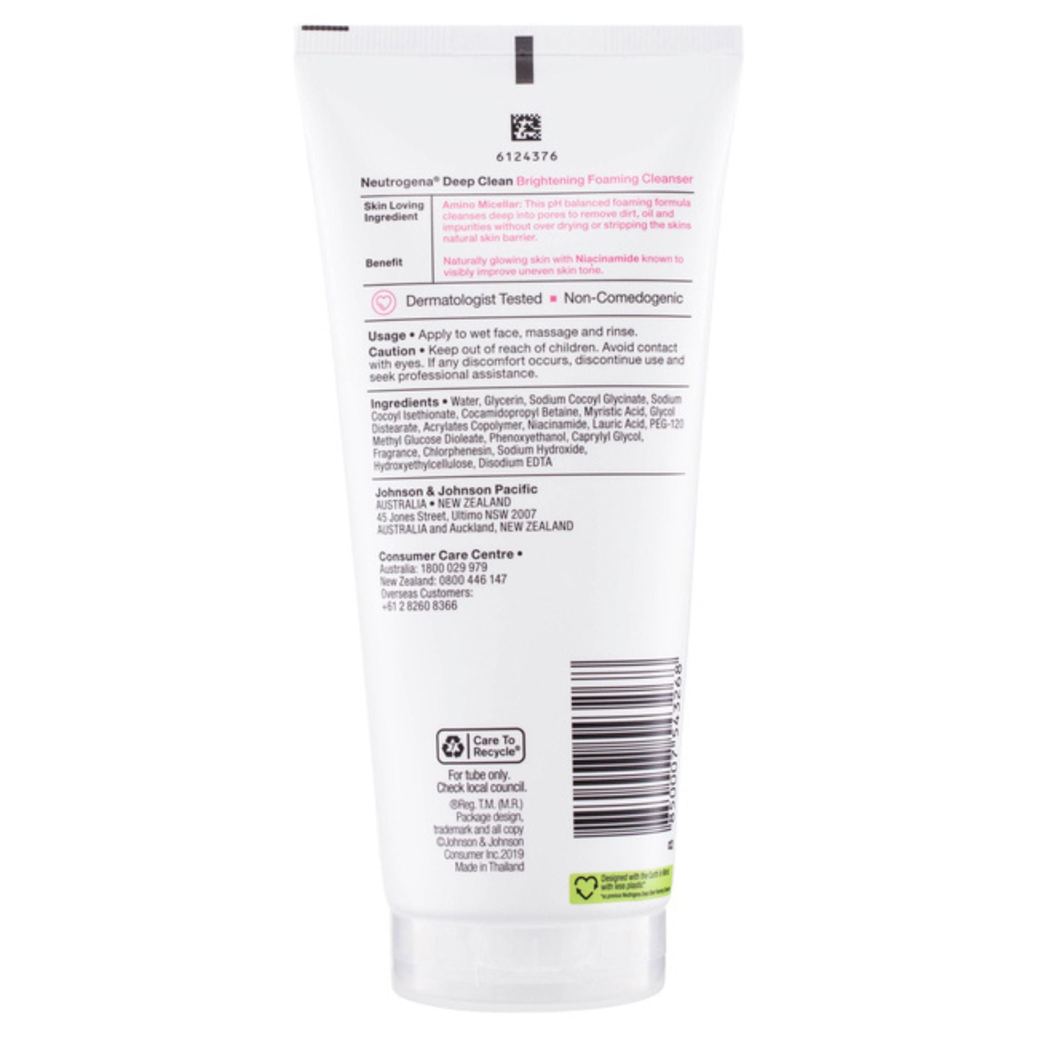 Back view of Neutrogena Brightening Foaming Cleanser tube showing usage instructions and ingredients