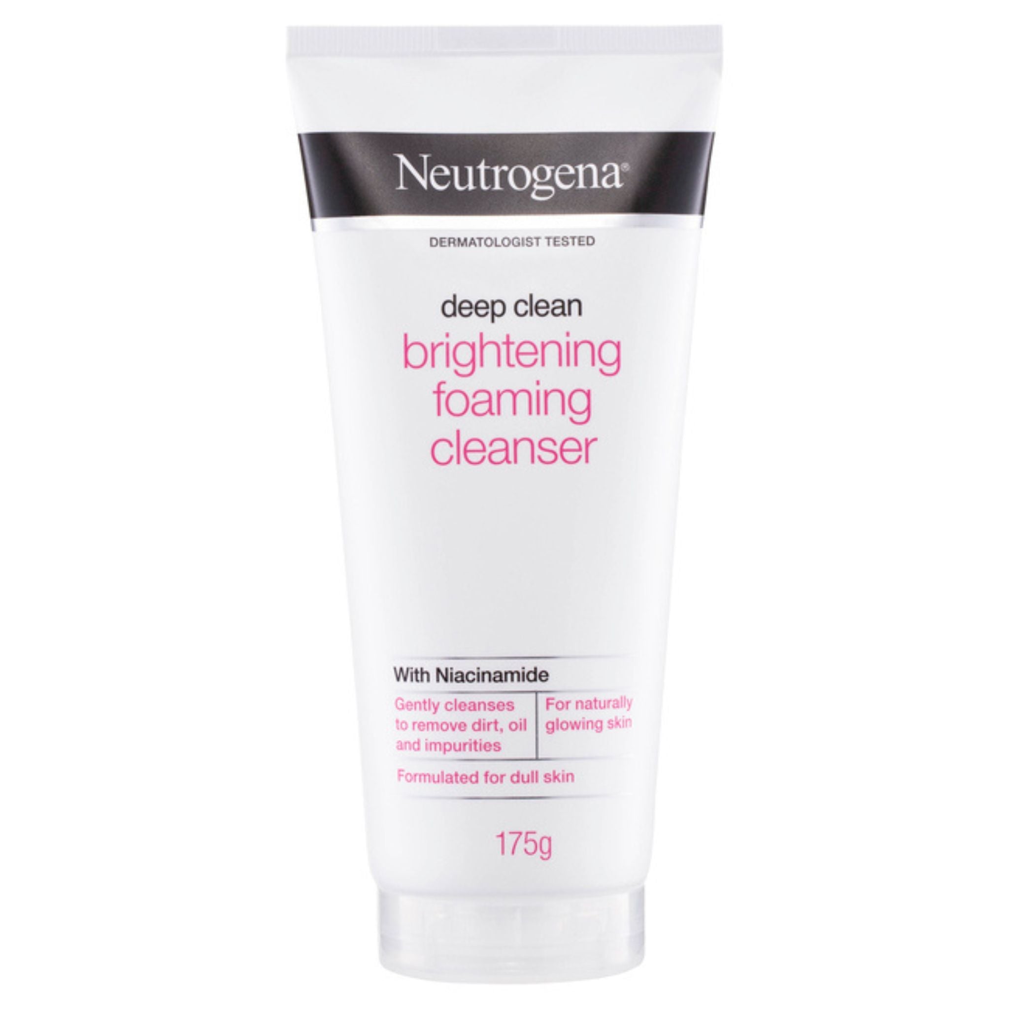 Front of Neutrogena Deep Clean Brightening Foaming Cleanser 175g tube with product name and Niacinamide label