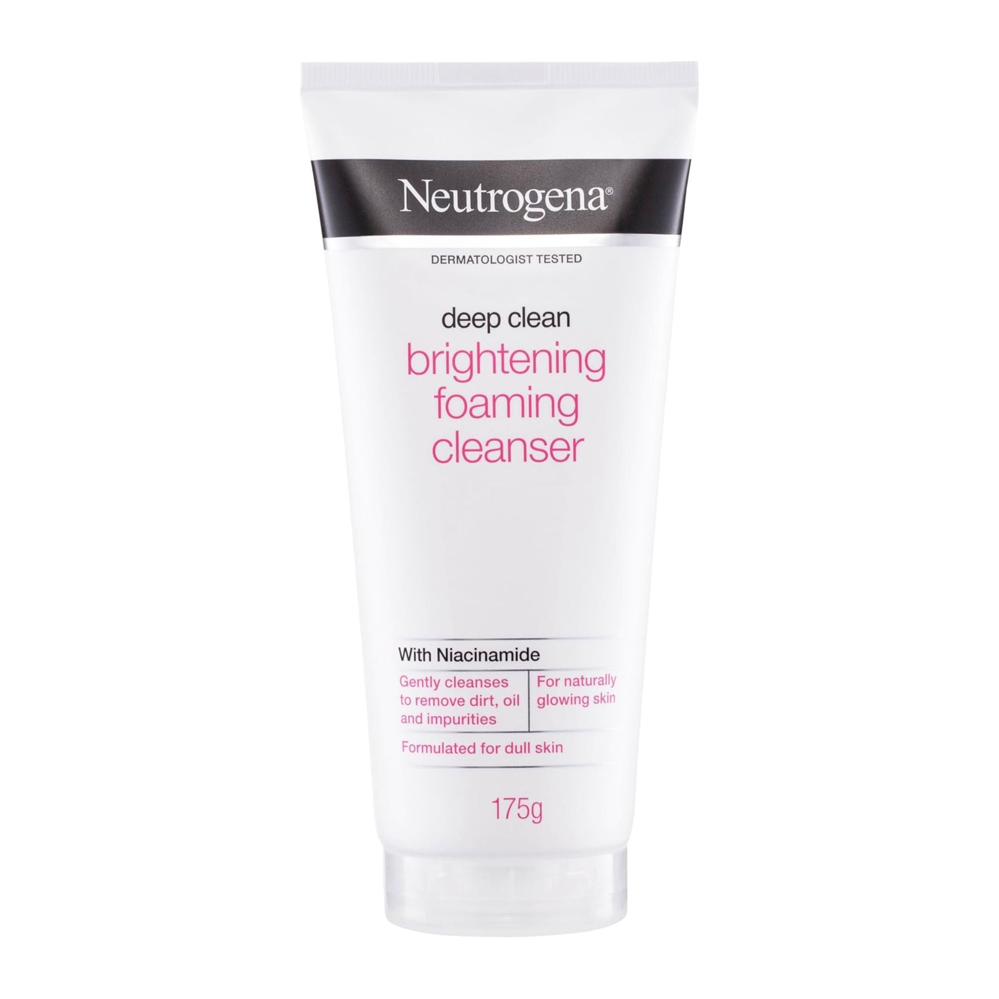Neutrogena deep clean brightening foaming cleanser tube on a white background