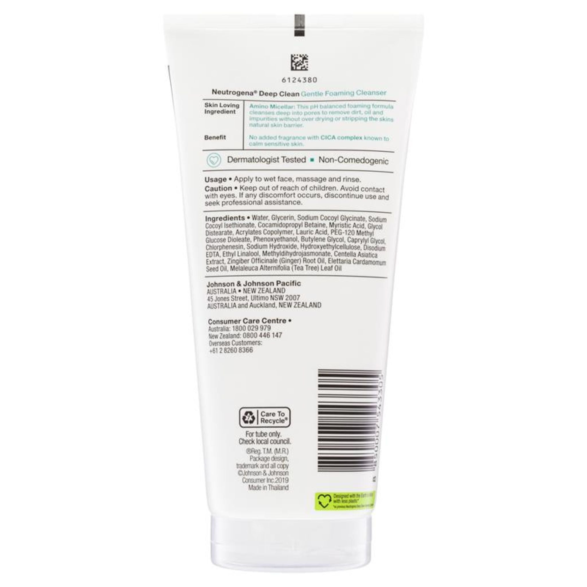 Back view of Neutrogena Gentle Foaming Cleanser tube showing ingredients, usage instructions, and barcode