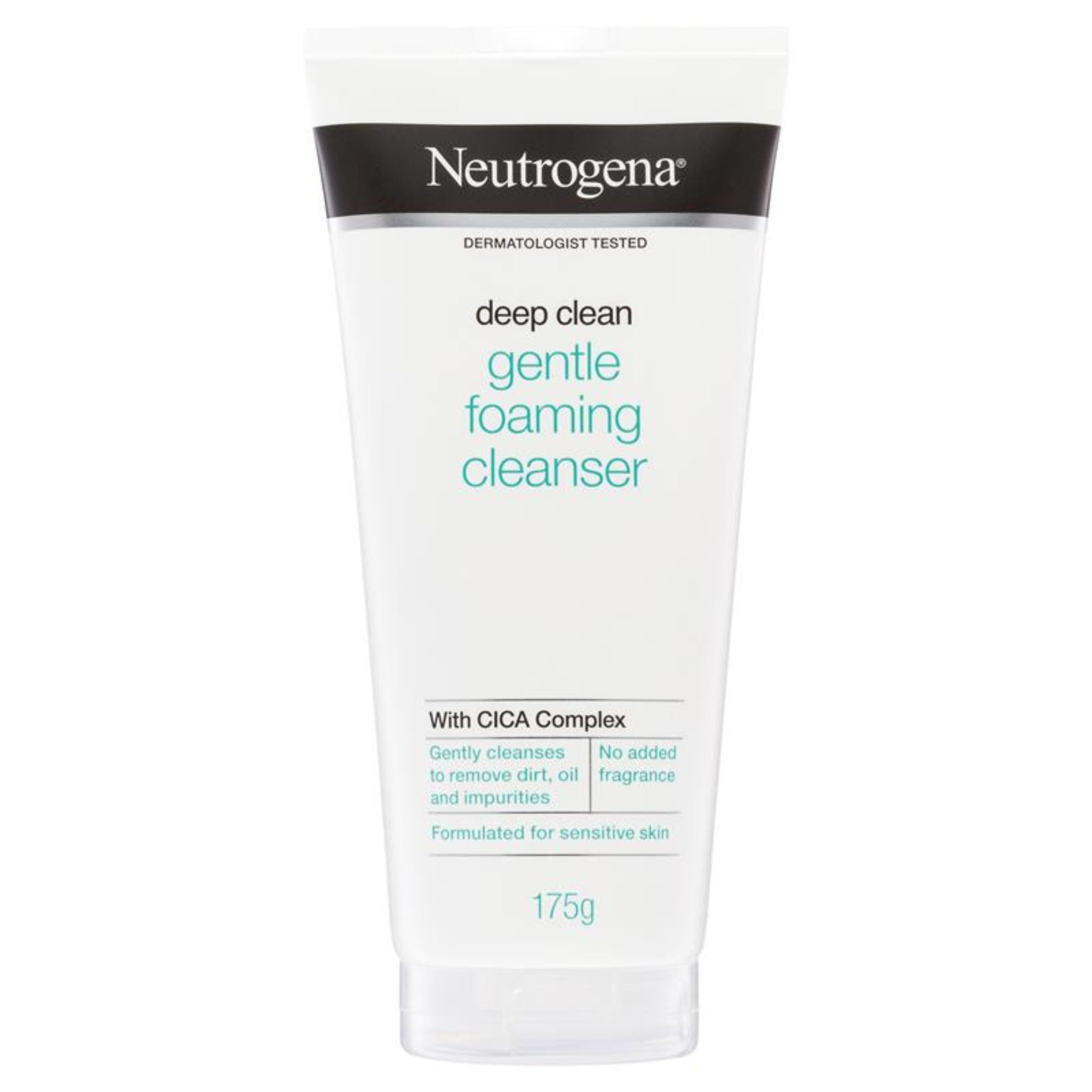 Front of Neutrogena Deep Clean Gentle Foaming Cleanser 175g tube with ODA Complex and skin type details