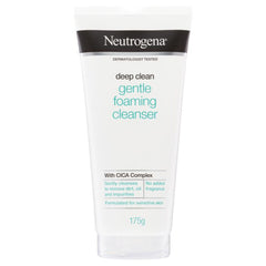 Front of Neutrogena Deep Clean Gentle Foaming Cleanser 175g tube with ODA Complex and skin type details