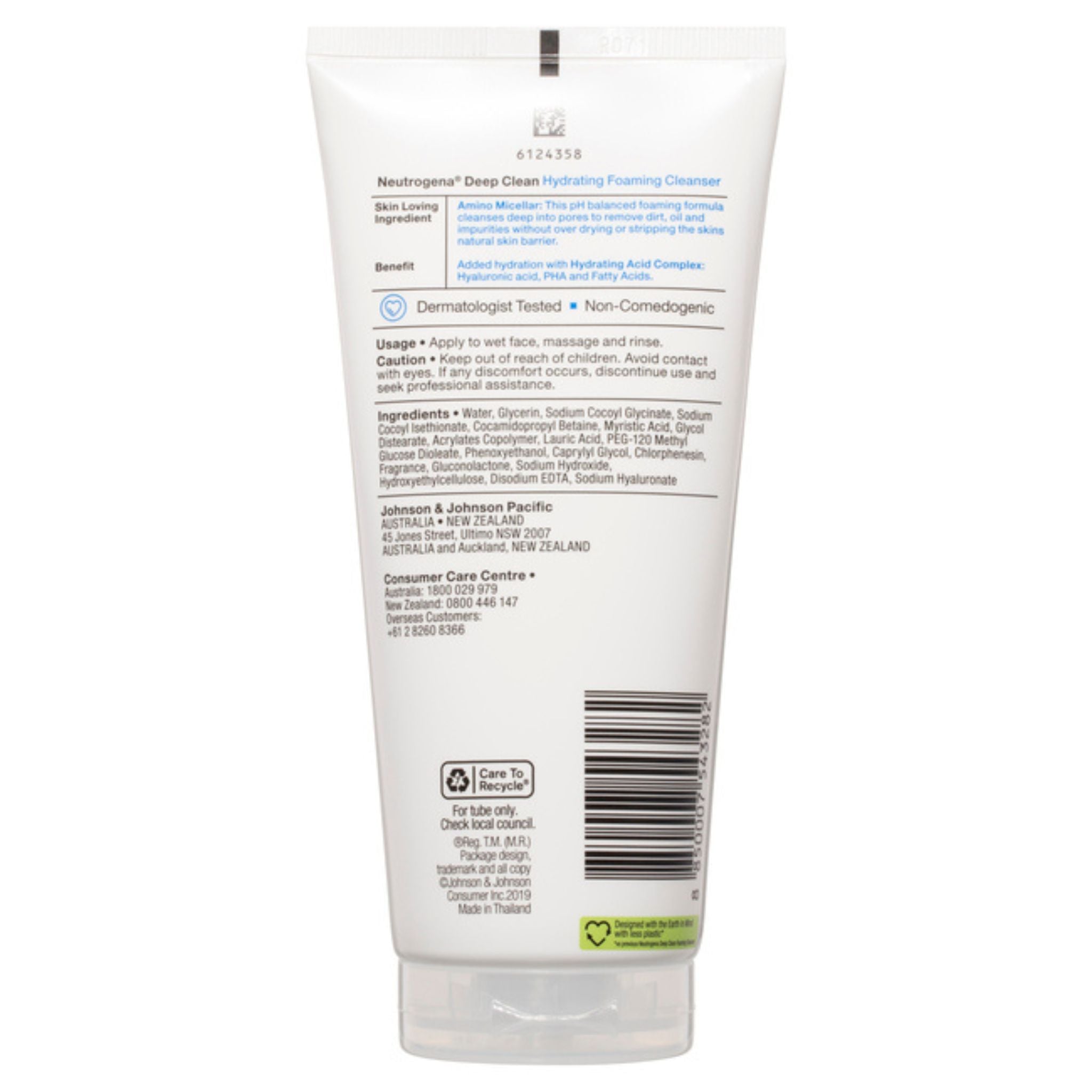 Back view of Neutrogena Deep Clean Foaming Cleanser tube with ingredients, directions, and barcode