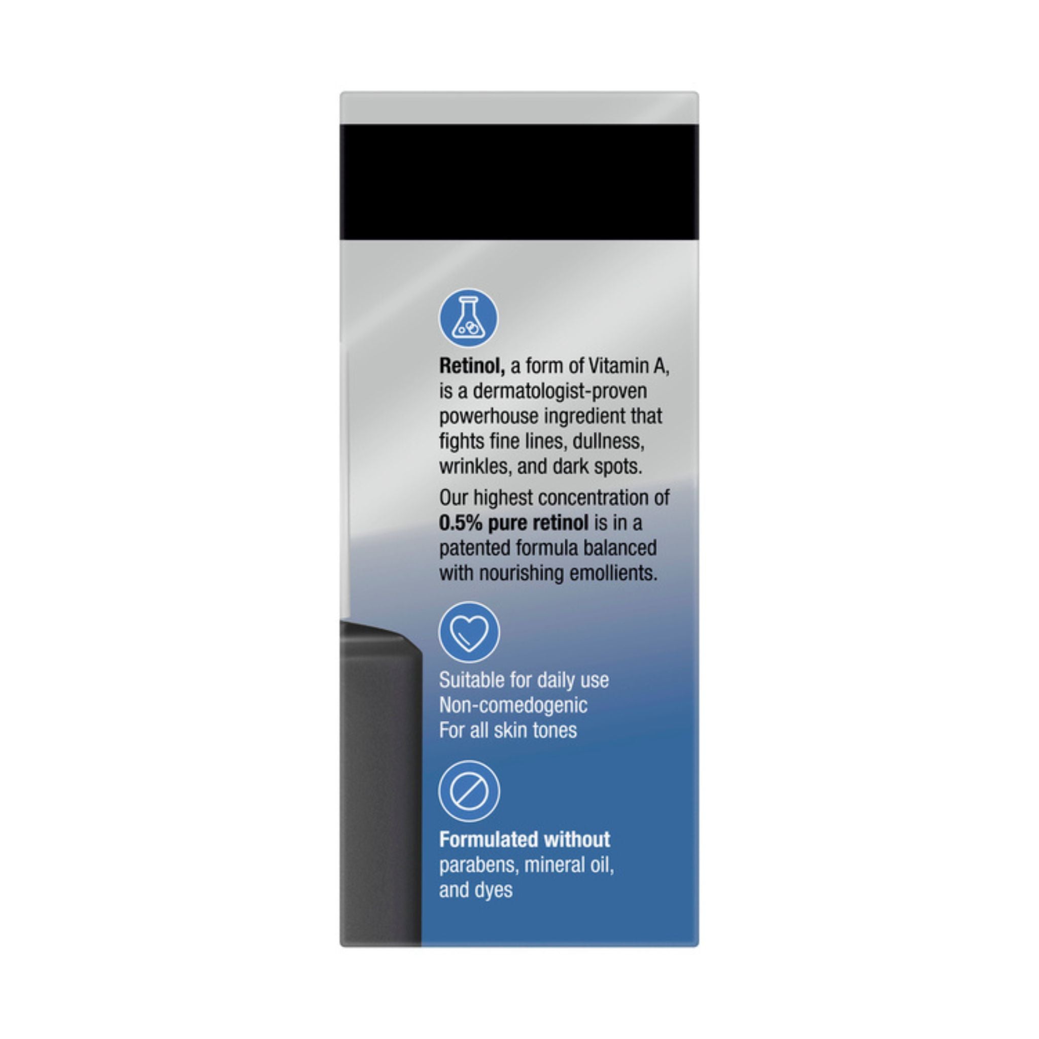 Product packaging with text about Retinol and its benefits on a white background