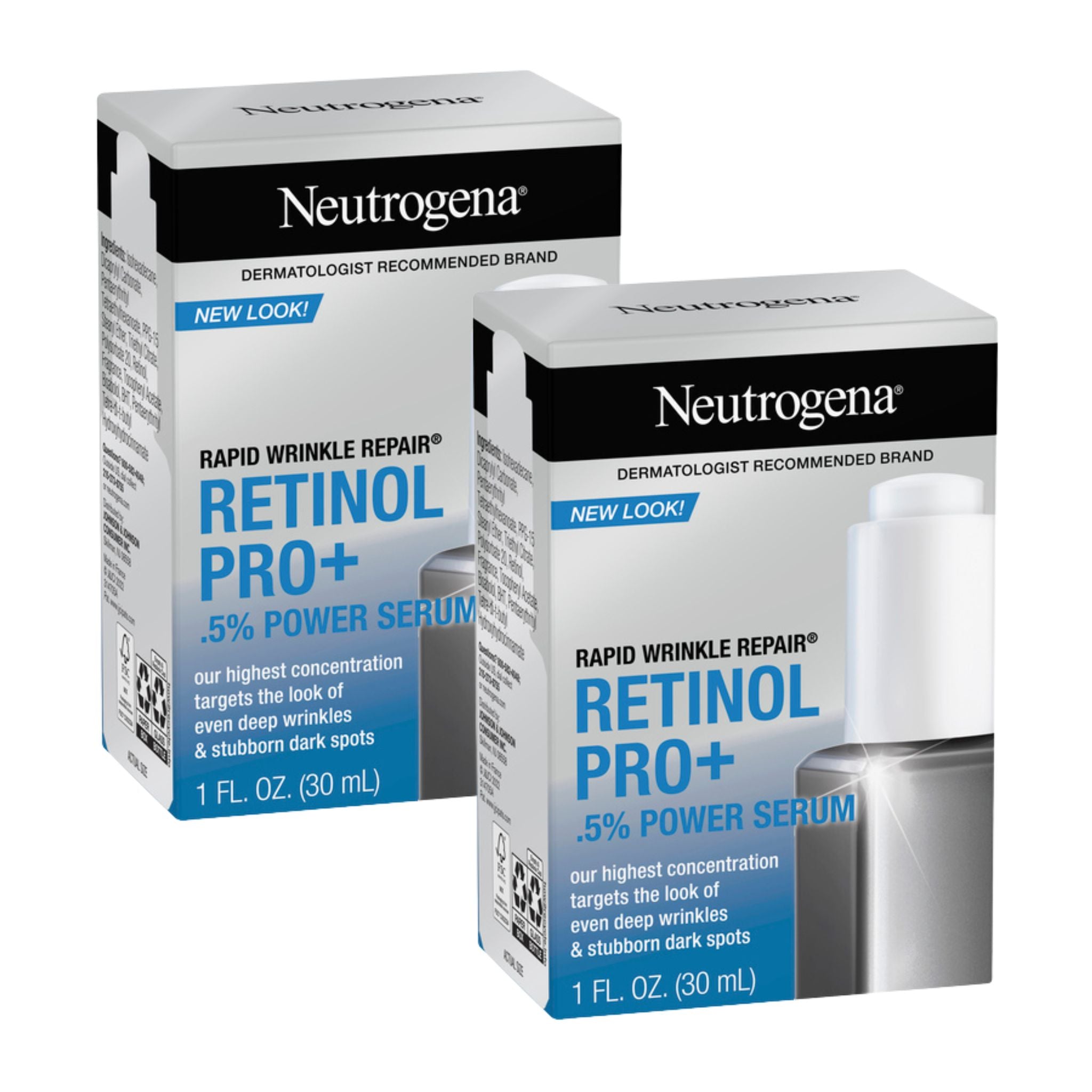 Two boxes of Neutrogena Rapid Wrinkle Repair Retinol Pro+ Power Serum on a white background