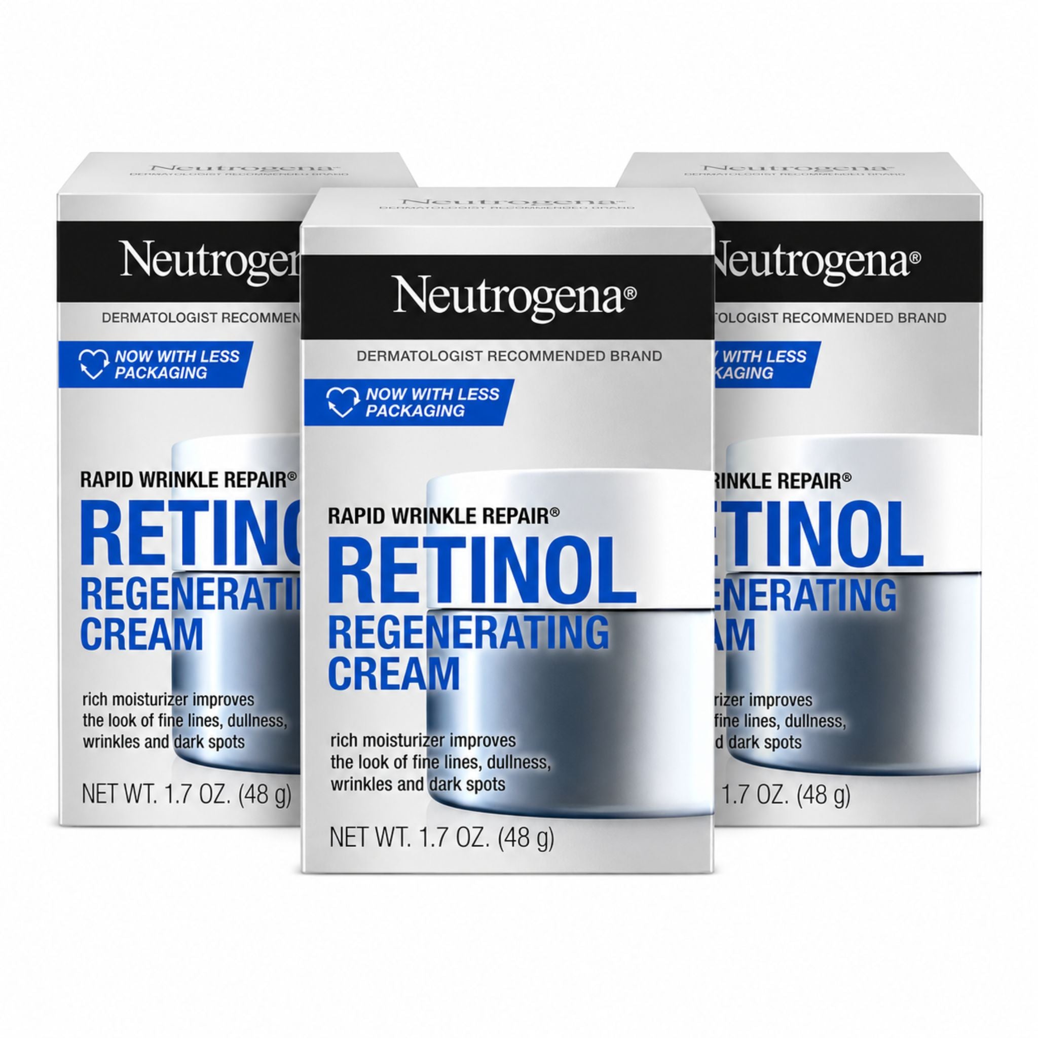 Three boxes of Neutrogena Rapid Wrinkle Repair Retinol Regenerating Cream on a white background