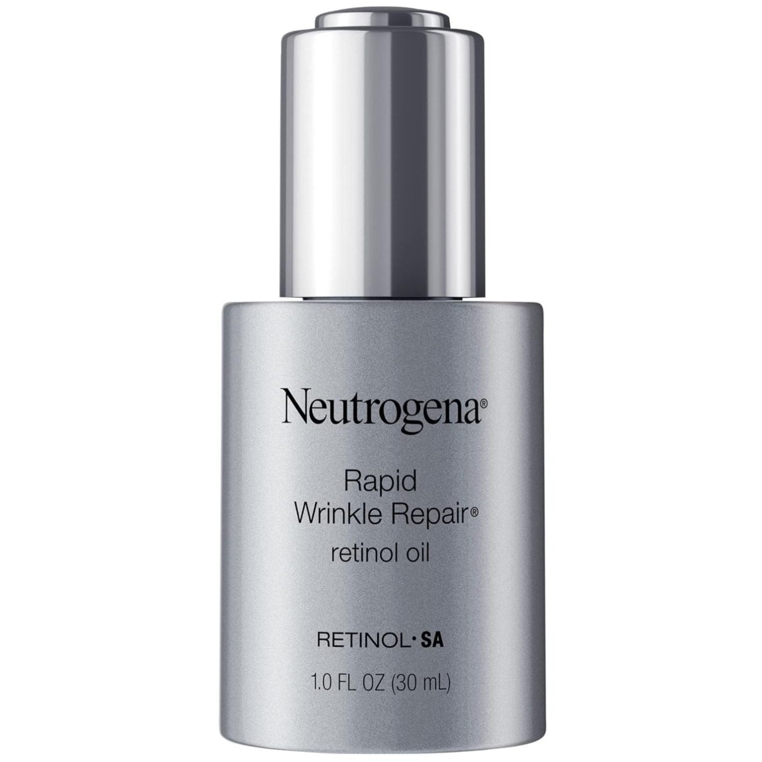 Neutrogena Rapid Wrinkle Repair Retinol Oil silver dropper bottle 1.0 fl oz displayed upright