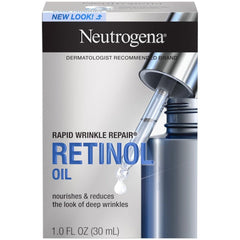Front packaging of Neutrogena Rapid Wrinkle Repair Retinol Oil 1.0 fl oz showing dropper and product branding