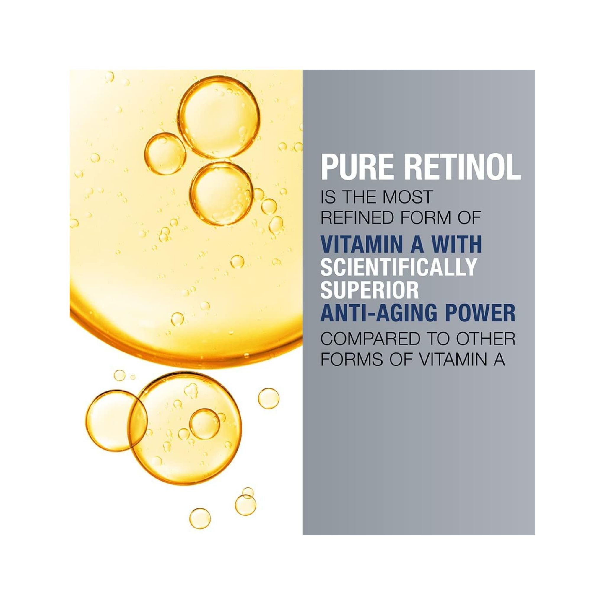 Graphic showing golden oil drops with text highlighting pure retinol benefits of Neutrogena Retinol Oil