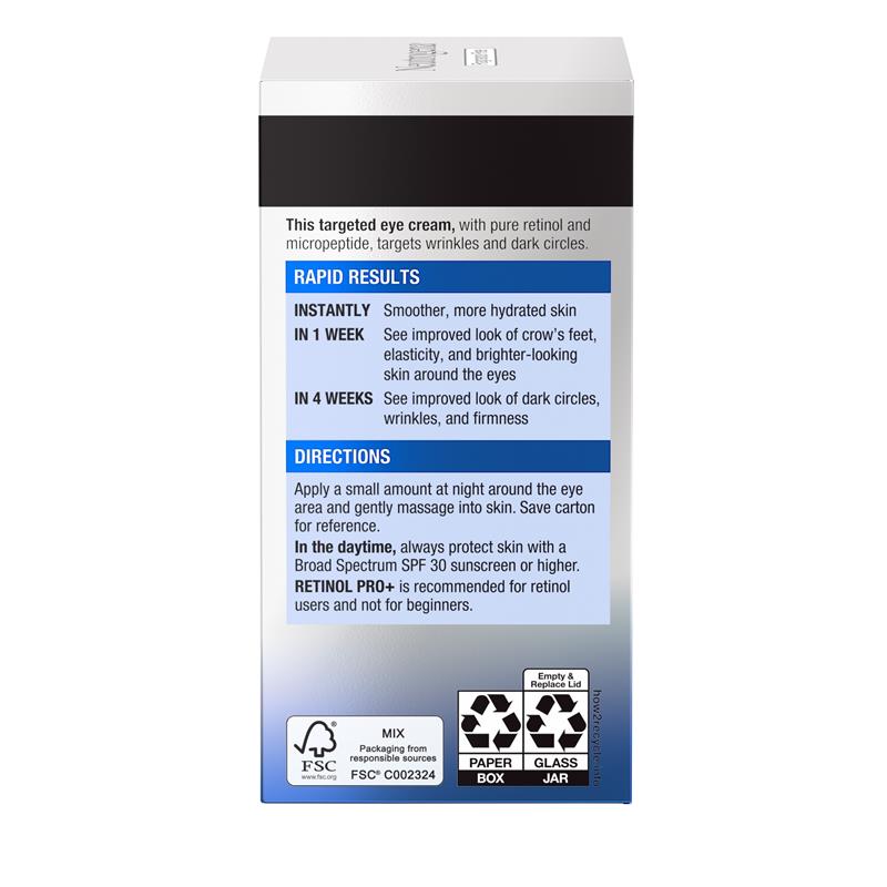 Back of Neutrogena Retinol Pro+ Eye Cream box showing product directions, benefits, and sustainability icon