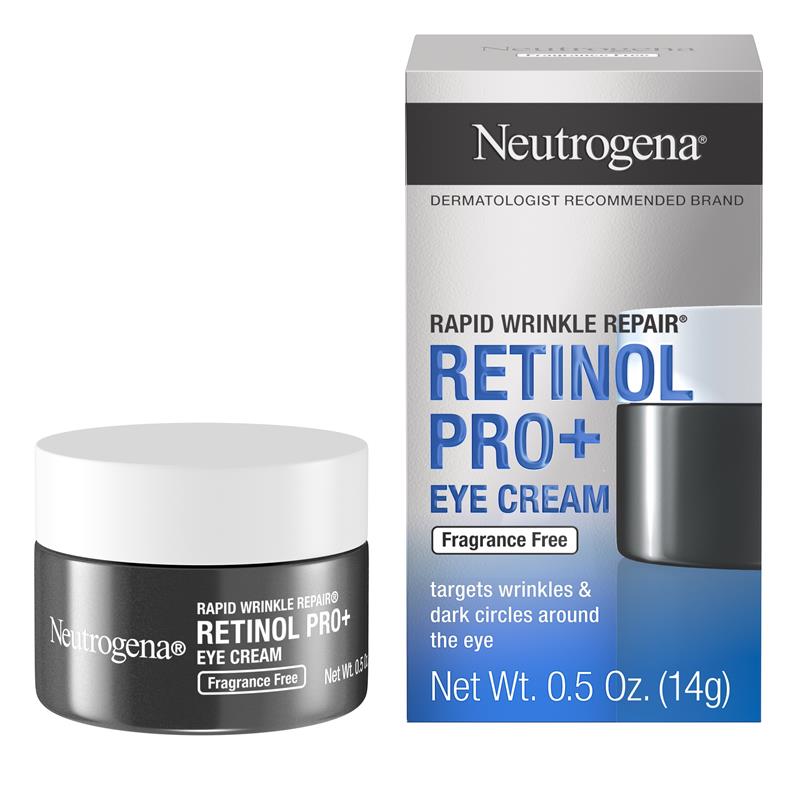 Neutrogena Retinol Pro+ Eye Cream jar placed beside product box showing product container and branding
