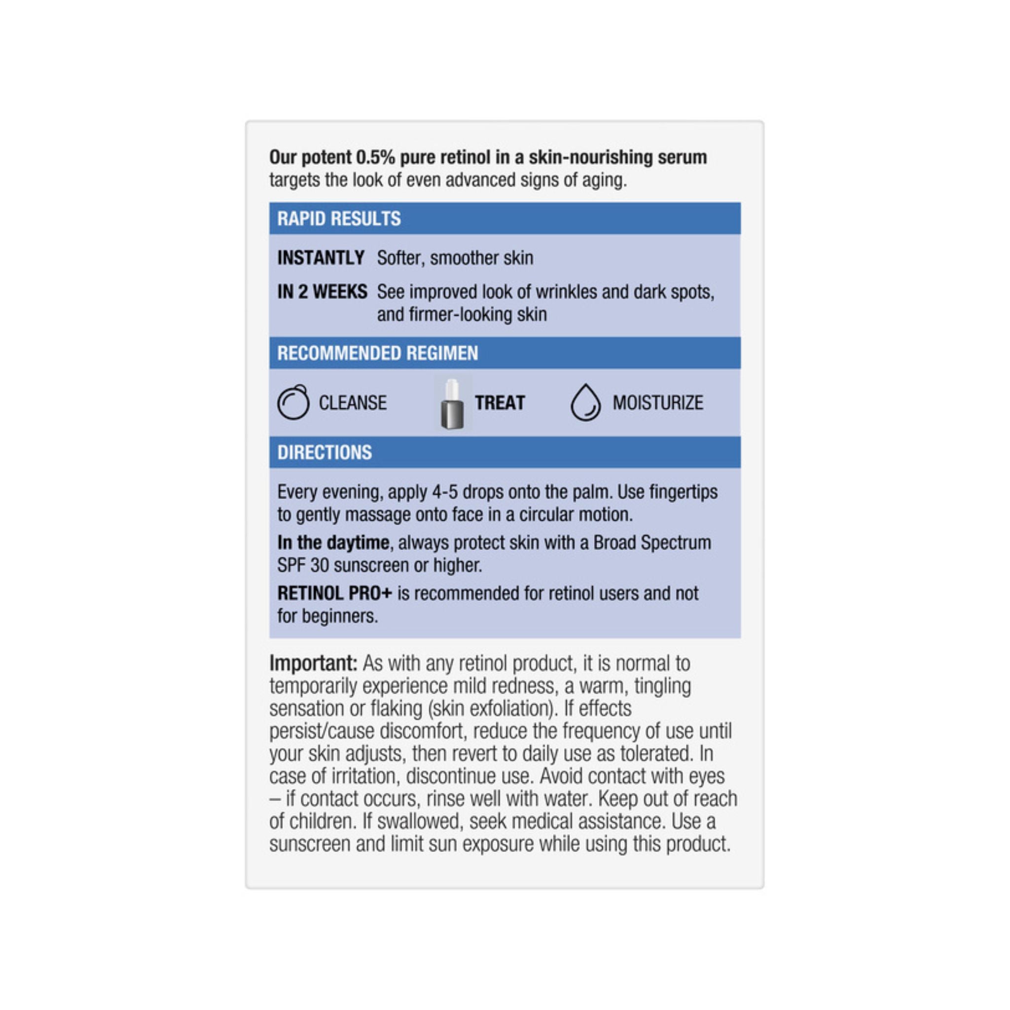 Back label of Neutrogena Retinol Pro+ Serum box listing ingredients and usage instructions