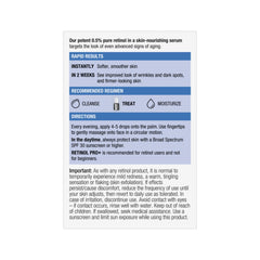 Back label of Neutrogena Retinol Pro+ Serum box listing ingredients and usage instructions