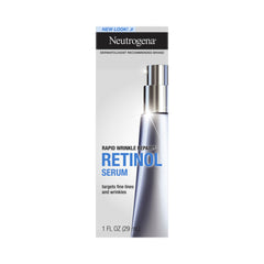 Angled view of Neutrogena Rapid Wrinkle Repair Retinol Serum box showing partial side panel and product name