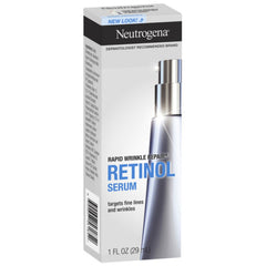 Front packaging of Neutrogena Rapid Wrinkle Repair Retinol Serum 1 fl oz showing sleek bottle design and branding