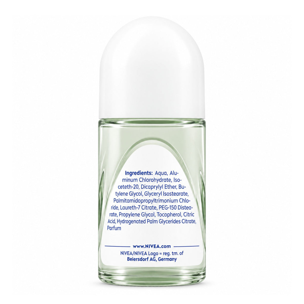 A clear glass roll-on bottle with a white cap, showing a white label with blue text on a plain white background.