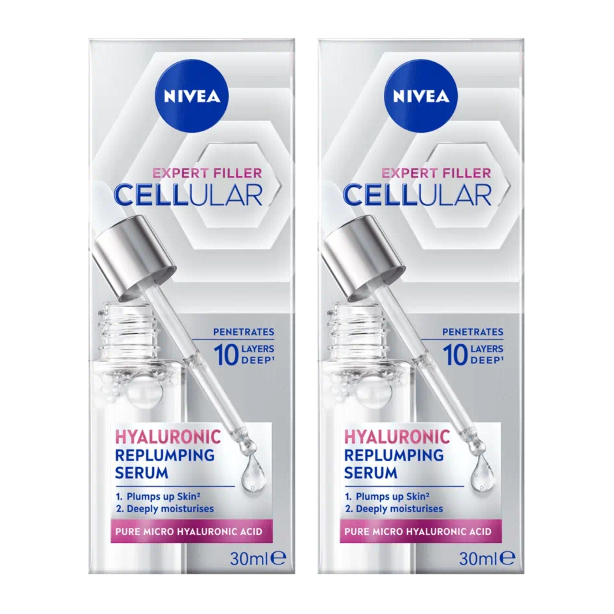 Two Nivea Expert Filler Cellular Hyaluronic Replumping Serum packages on a white background