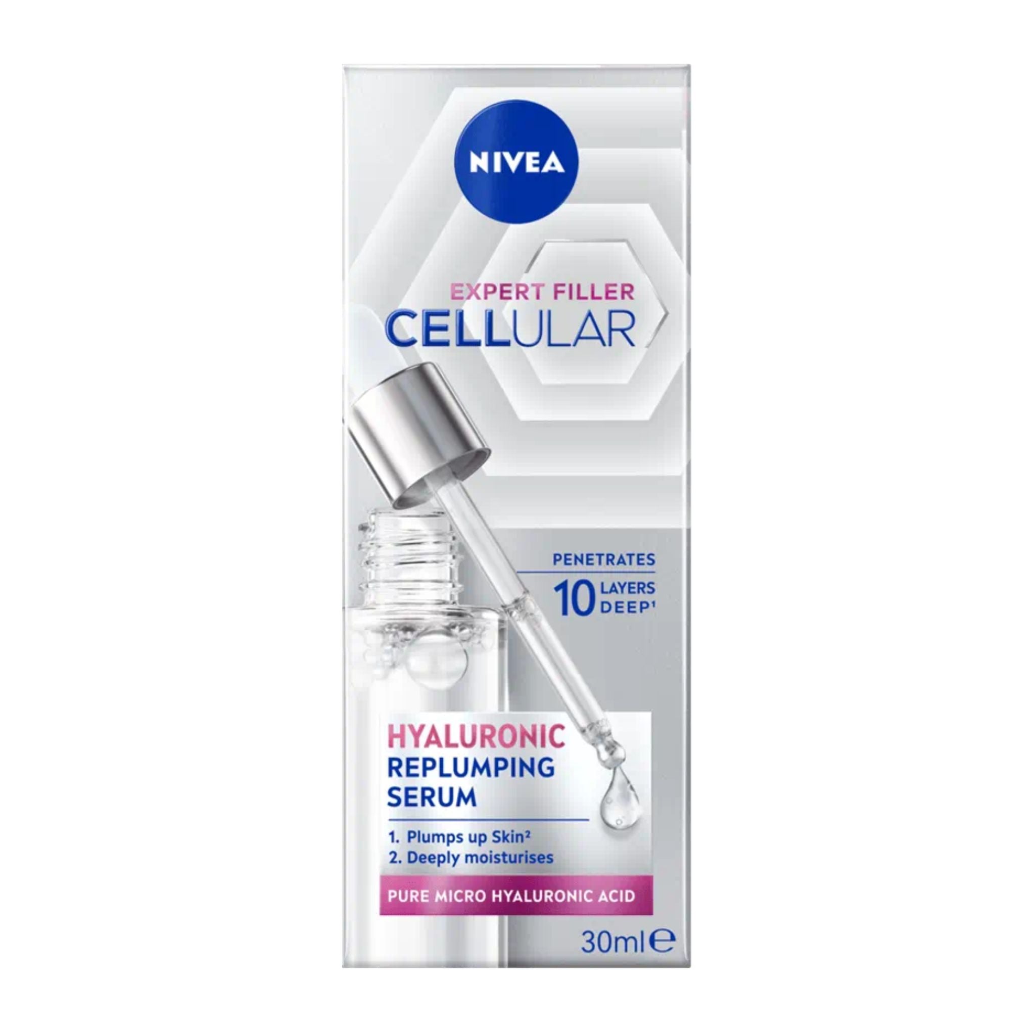 Nivea Expert Filler Cellular Hyaluronic Replumping Serum packaging on a white background