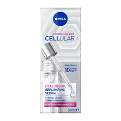 Nivea Expert Filler Cellular Hyaluronic Replumping Serum packaging on a white background