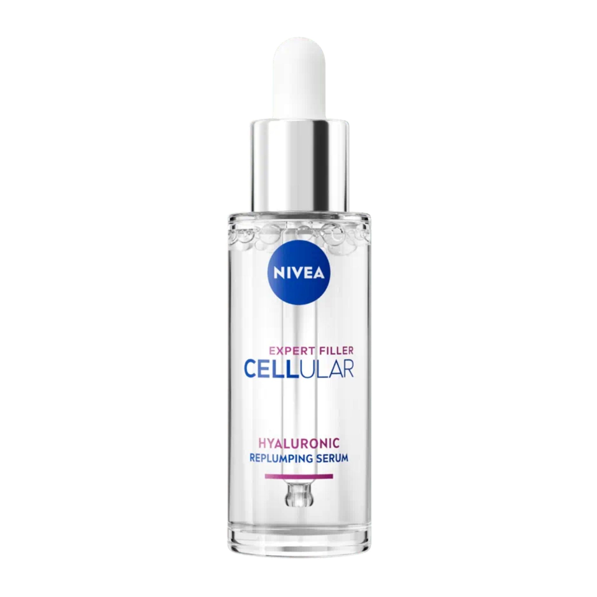 Nivea expert filler cellular hyaluronic serum bottle on a white background
