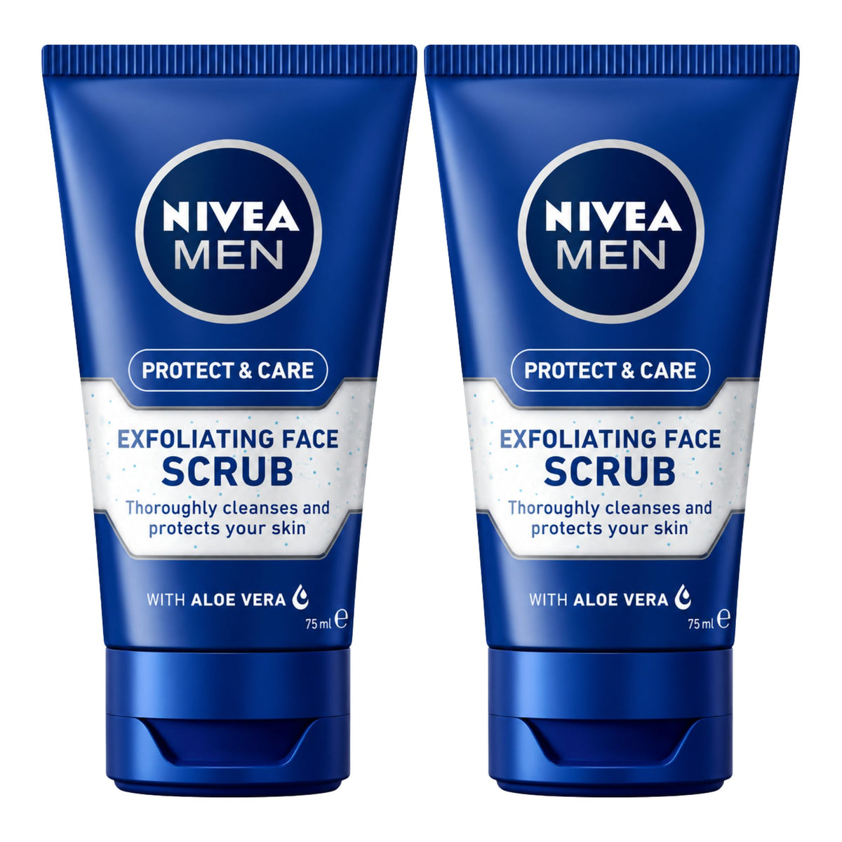 Two blue Nivea Men Exfoliating Face Scrub tubes side by side on a plain white background.