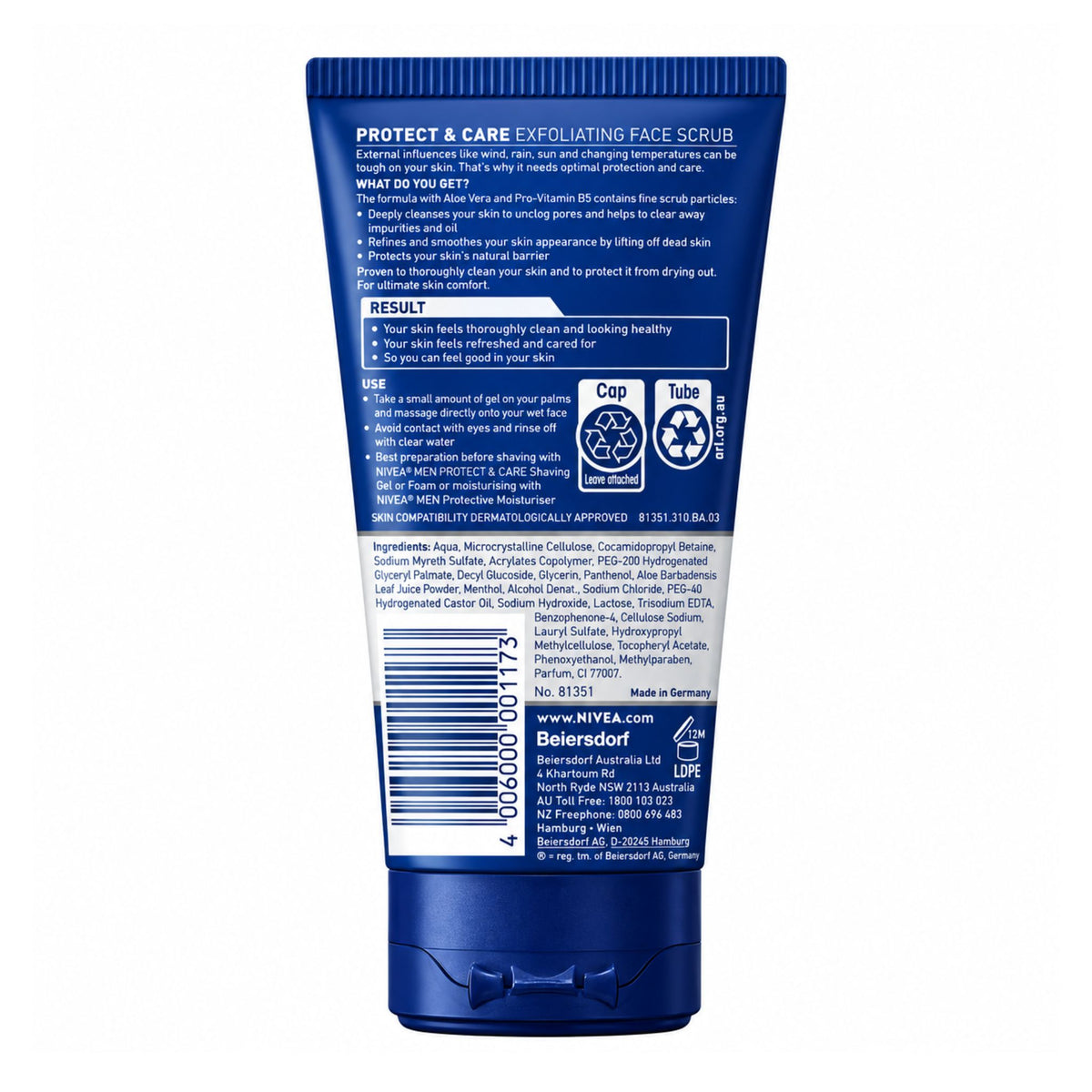 Back view of a blue tube of NYX Beauty Belersdorf Protect & Care Exfoliating Face Scrub, showing product details, ingredients, and a barcode on a white background.