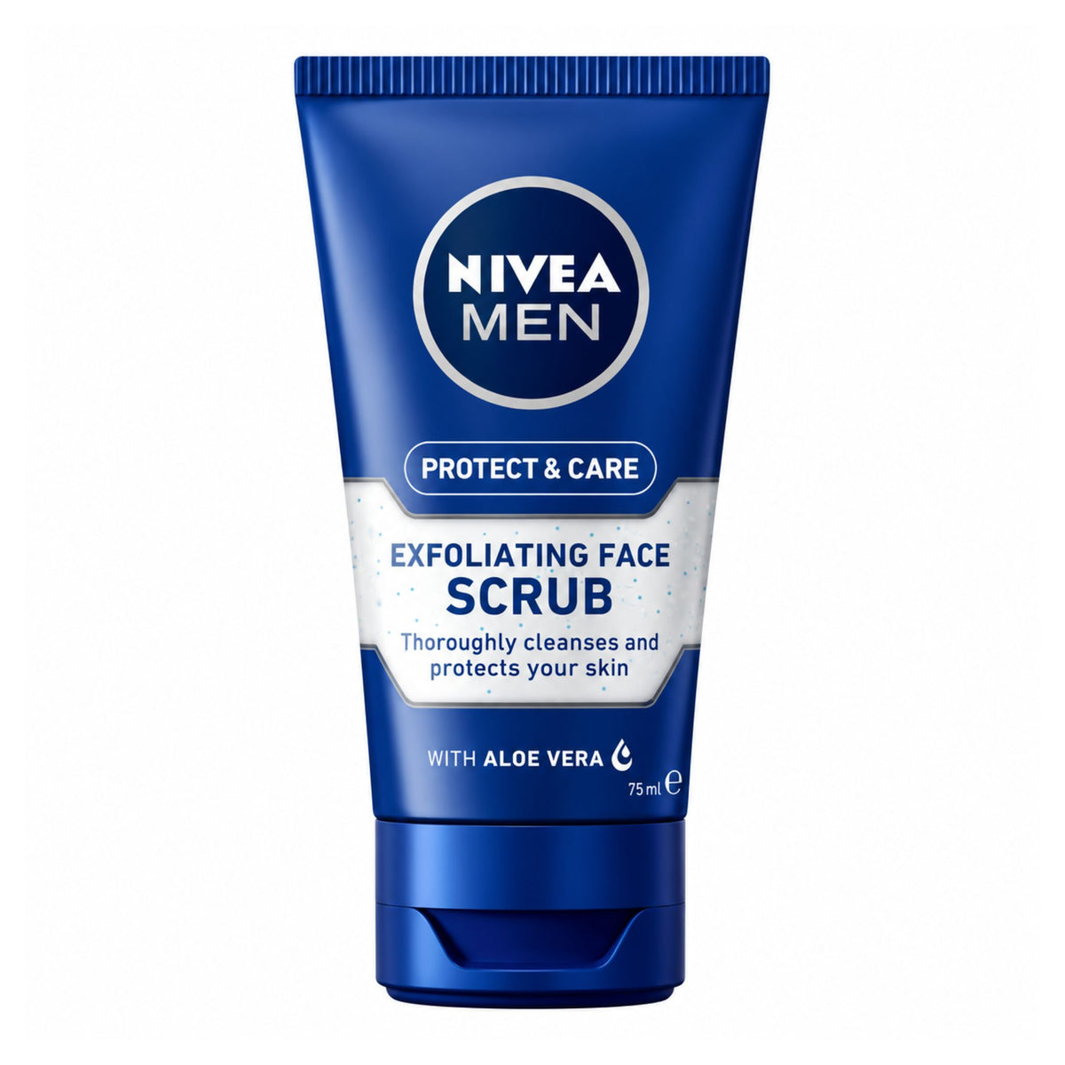 Nivea Men Exfoliating Face Scrub in a 75ml blue squeeze tube with a white and blue label, shown on a plain white background.