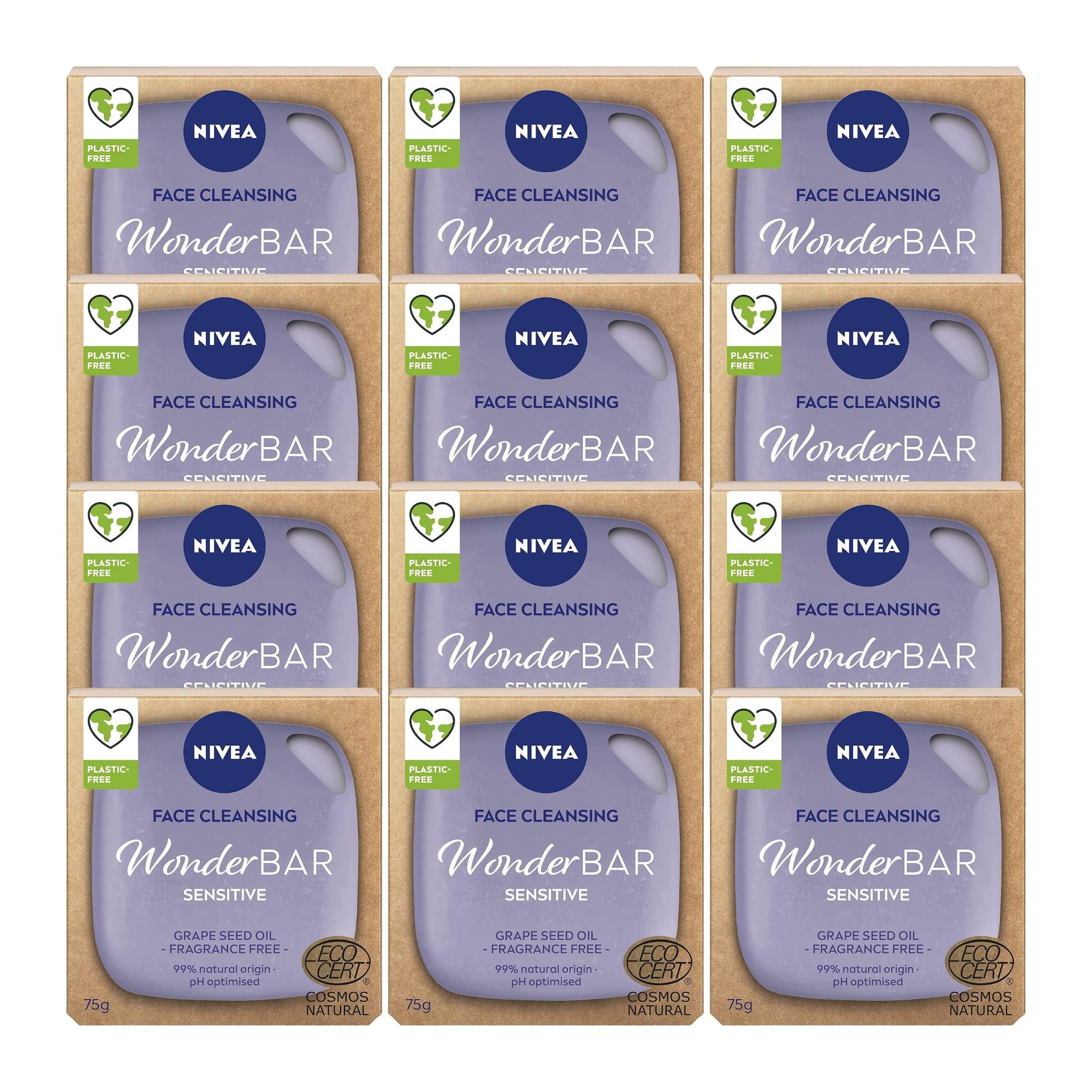 NIVEA WonderBAR Sensitive Face Cleansing Bar 75g – Grape Seed Oil, Fragrance-Free, Pack of 12 – Front View