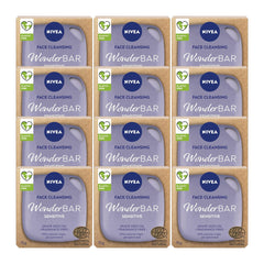 NIVEA WonderBAR Sensitive Face Cleansing Bar 75g – Grape Seed Oil, Fragrance-Free, Pack of 12 – Front View