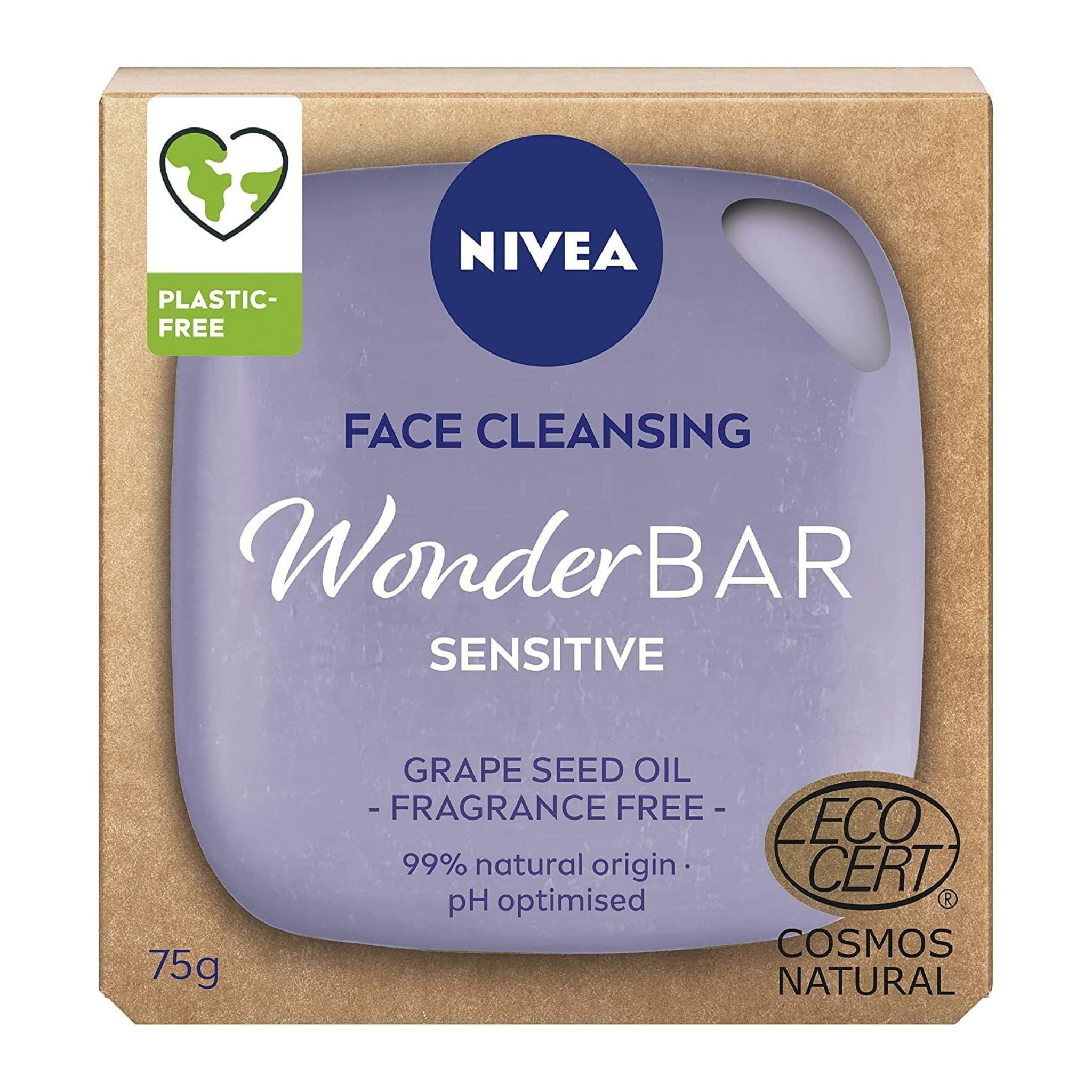 NIVEA WonderBAR Sensitive Face Cleansing Bar 75g – Front Packaging with Grape Seed Oil Label