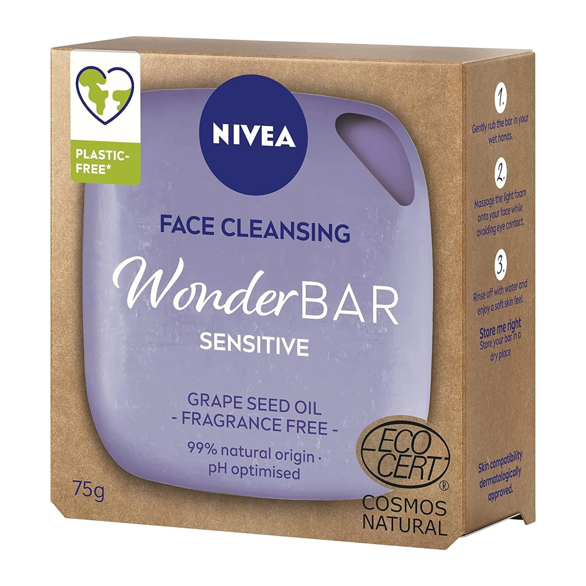 Side-angle view of NIVEA WonderBAR Sensitive Cleansing Bar 75g – Grape Seed Oil, Fragrance-Free