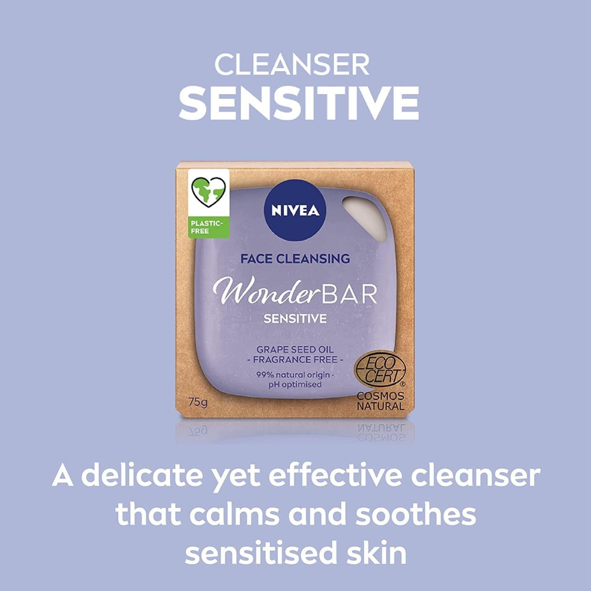 NIVEA WonderBAR Sensitive Face Cleansing Bar – Graphic: Delicate cleanser that calms and soothes sensitive skin