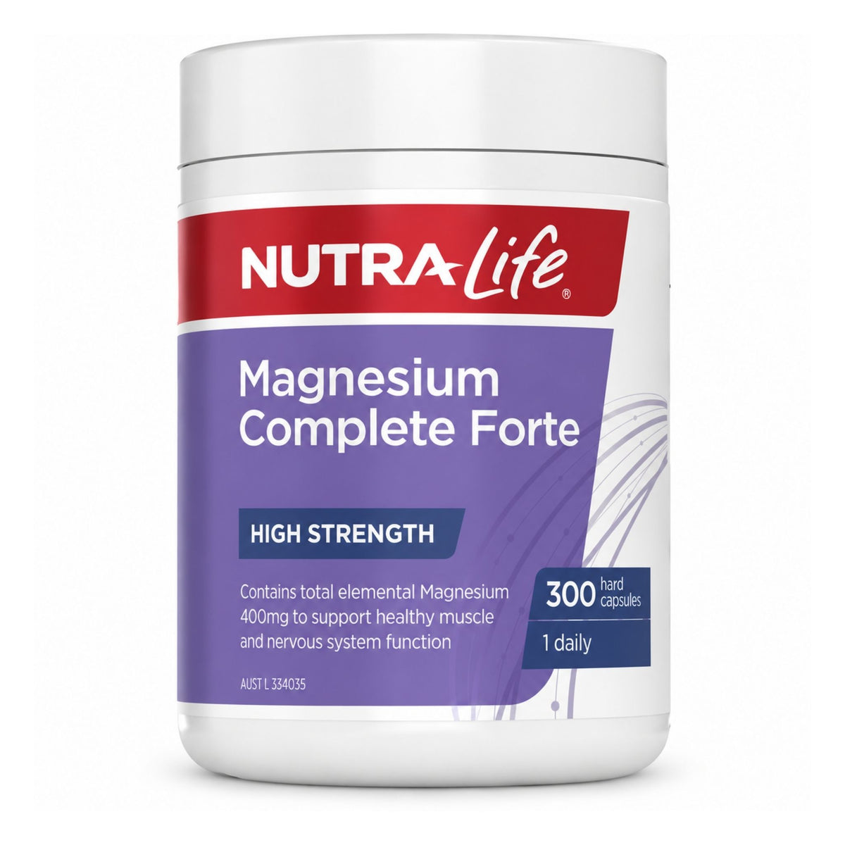 A white plastic bottle of NUTRALife Magnesium Complete Forte dietary supplement, featuring a purple and red label with white text, set against a plain white background.