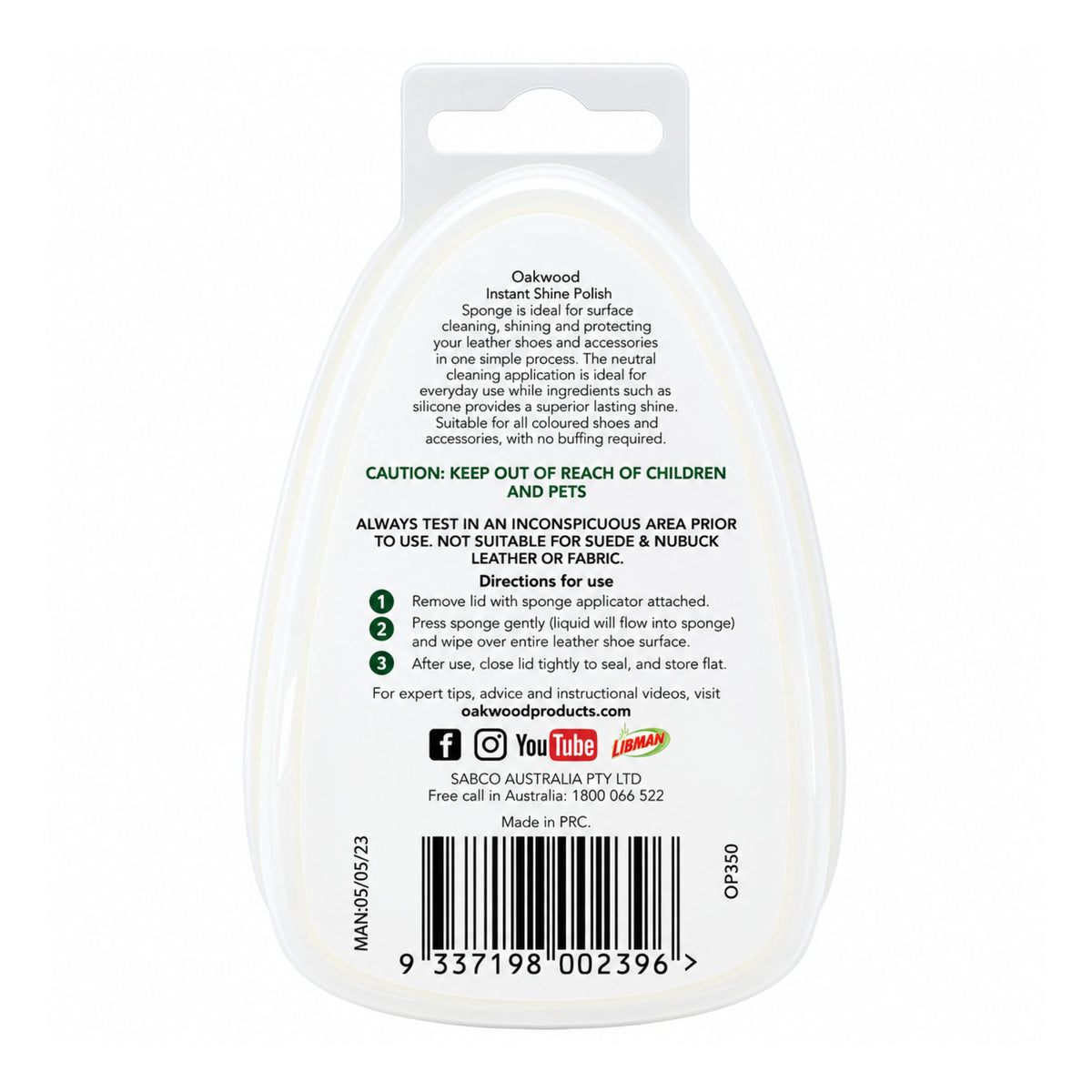 Oakwood Instant Shine Polish Sponge Neutral 6mL rear packaging details