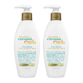 Two bottles of OGX Quenching Coconut Curls Curl Styling Milk on a white background