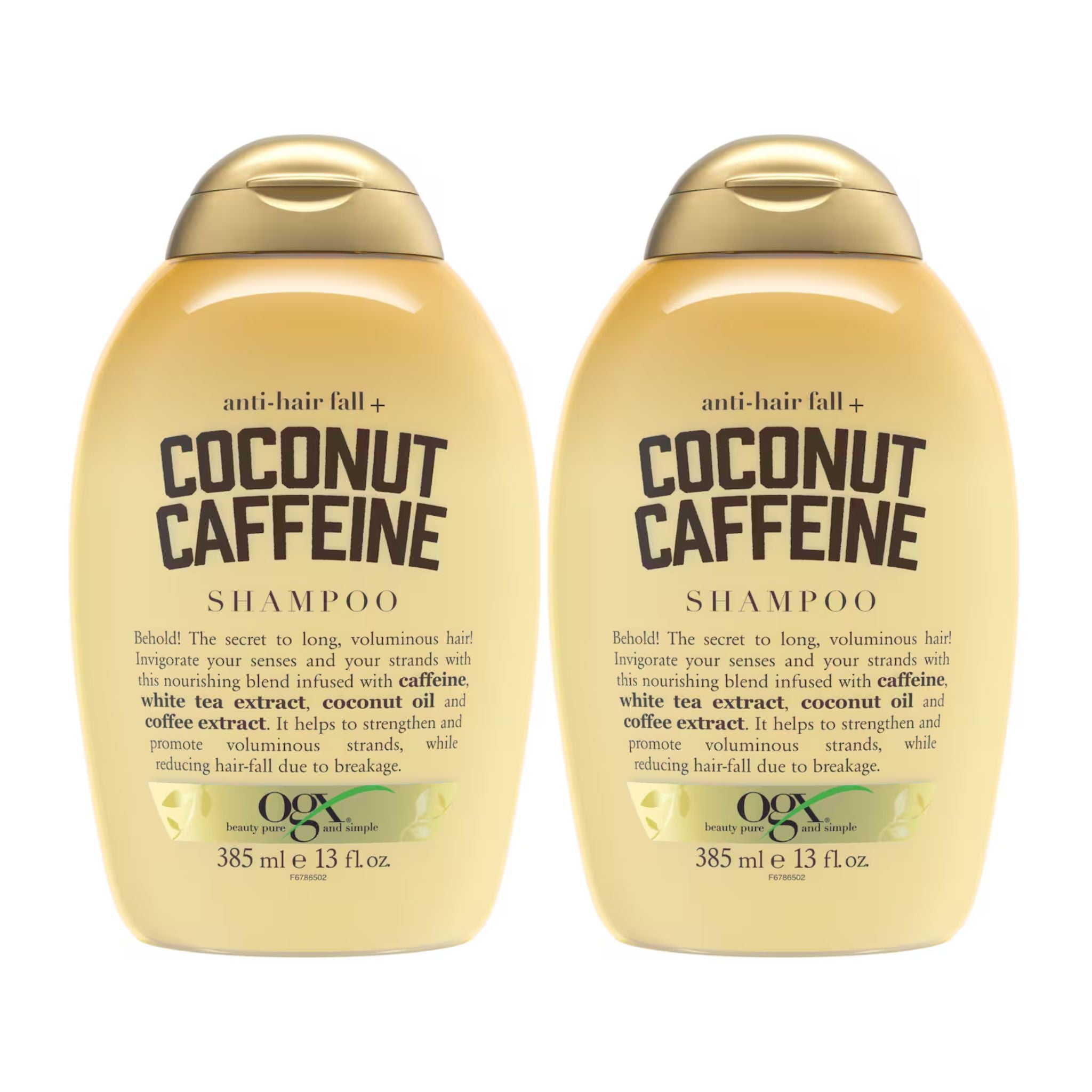 Two bottles of OGX Coconut Caffeine Shampoo on a white background