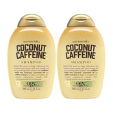 Two bottles of OGX Coconut Caffeine Shampoo on a white background
