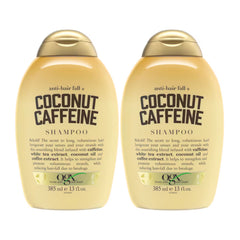 Two bottles of OGX Coconut Caffeine Shampoo on a white background