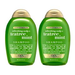 Two bottles of OGX refreshing scalp + tea tree mint shampoo on a white background
