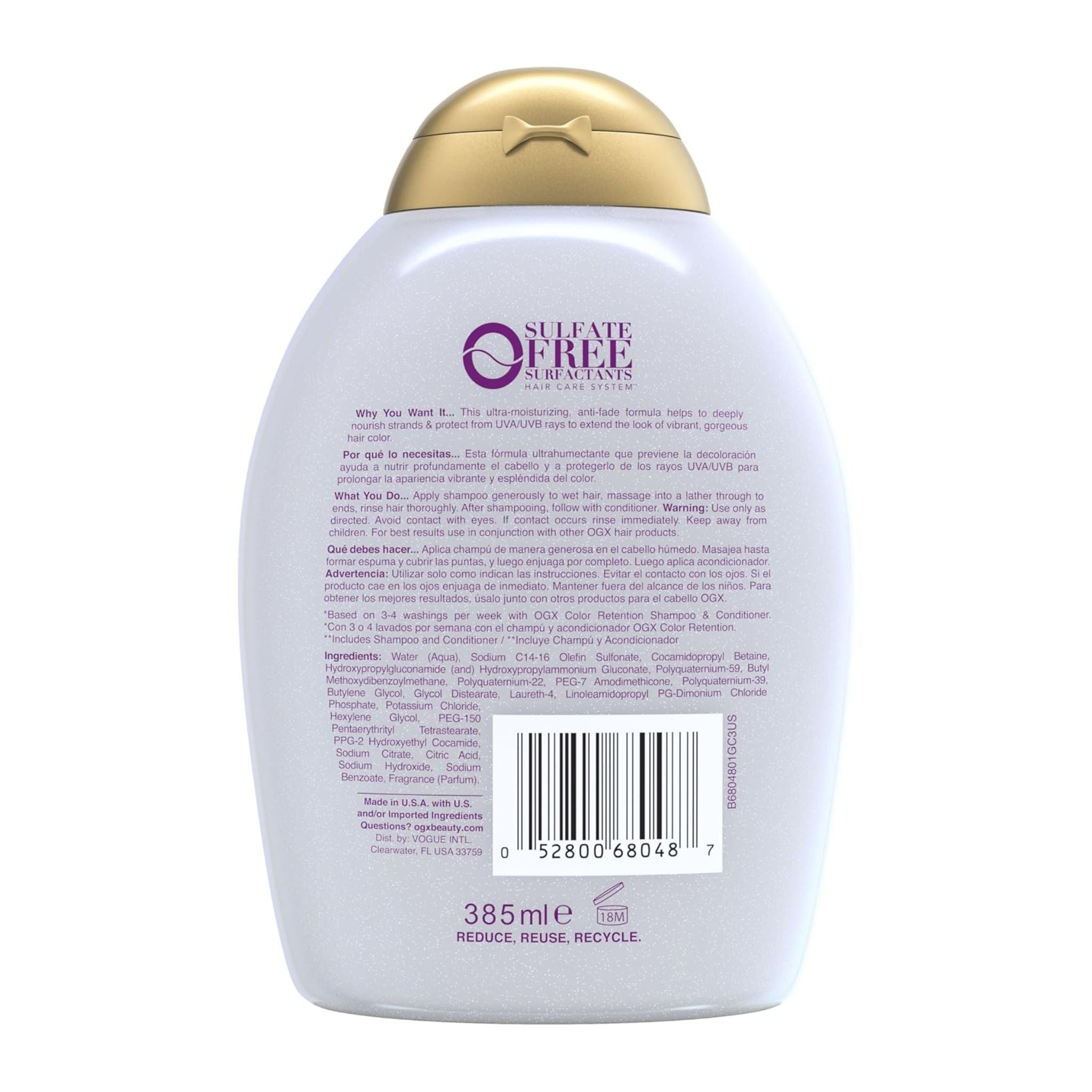 Back view of a Olay bottle with a gold cap on a white background