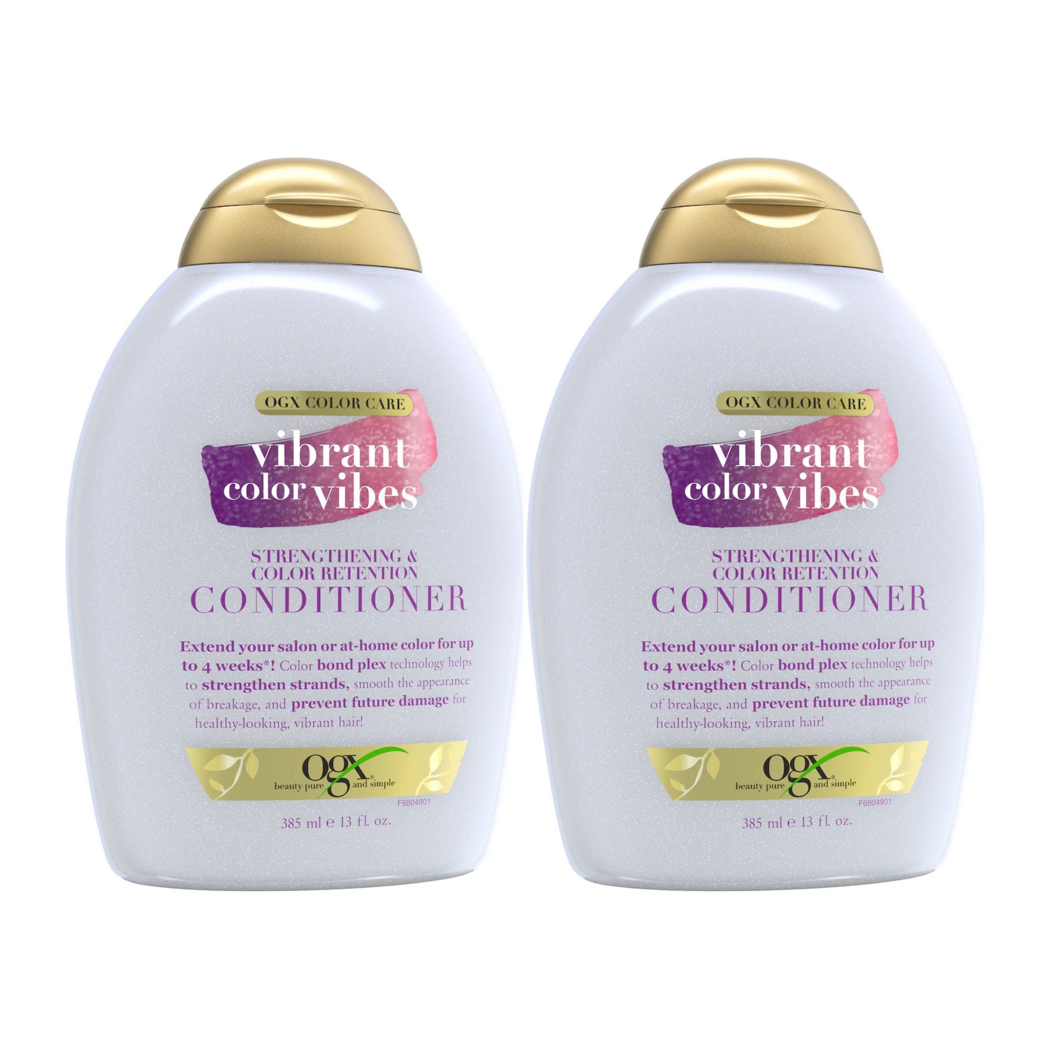 Two bottles of OGX Color Care Vibrant Color Vibes conditioner on a white background