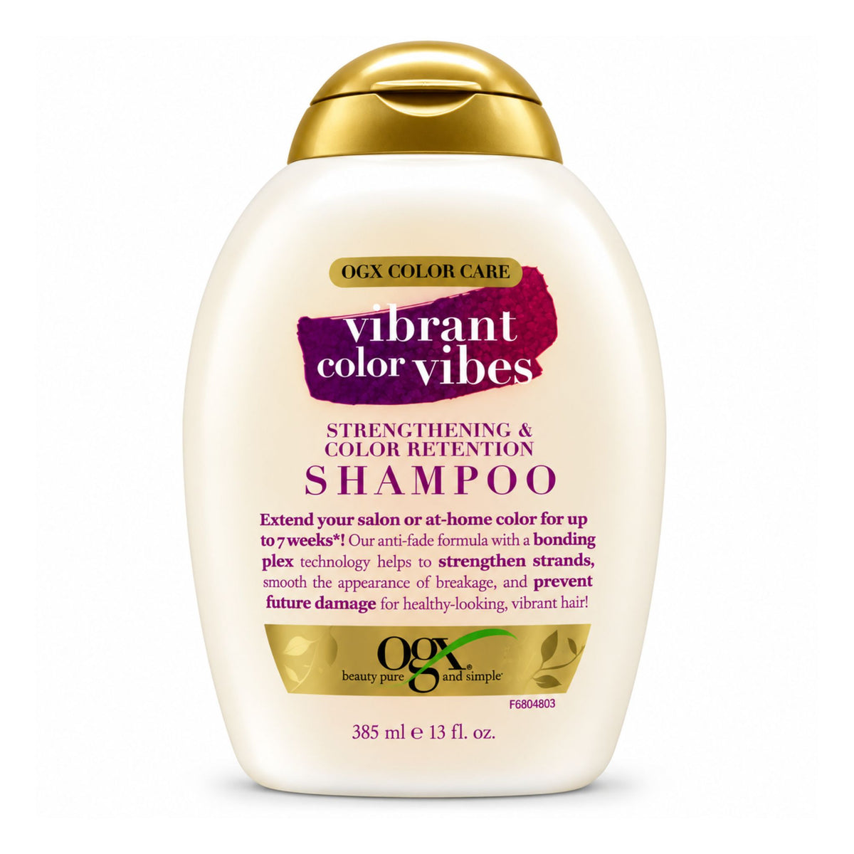 A bottle of OGX Color Care Vibrant Color Vibes Strengthening & Color Retention Shampoo, featuring an off-white bottle with a metallic gold cap and gold and purple label accents, on a white background.
