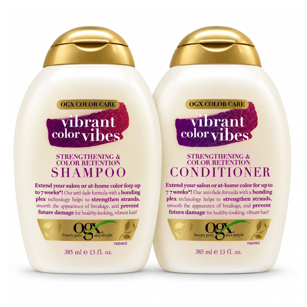 Two white bottles of OGX Color Care 'Vibrant Color Vibes' hair care products on a white background, one labeled Shampoo and the other Conditioner, both with gold caps and purple/gold label accents.