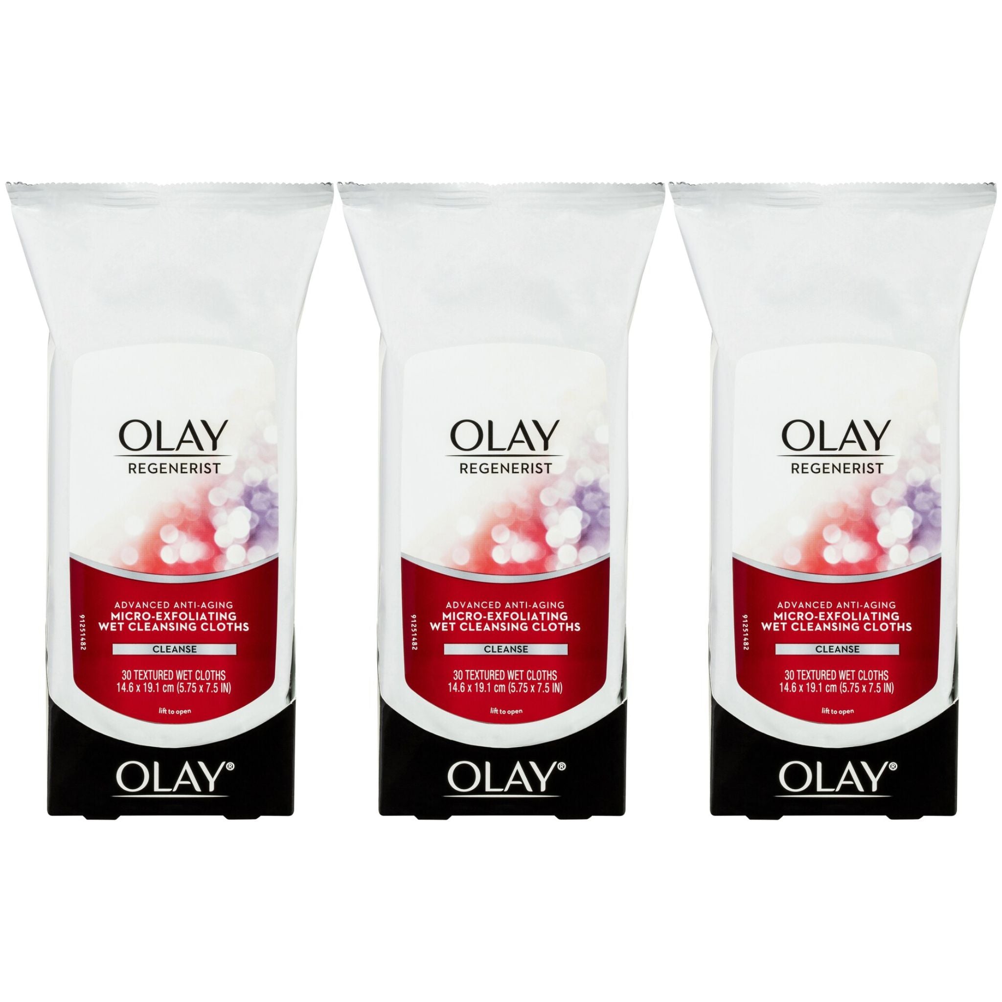 Front view of Olay Anti-Wrinkle Wet Cleansing Cloths 3-pack with Vitamin E and B5 for gentle skin cleansing