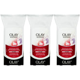 Front view of Olay Anti-Wrinkle Wet Cleansing Cloths 3-pack with Vitamin E and B5 for gentle skin cleansing