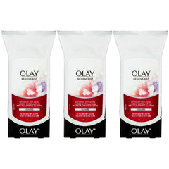 Front view of Olay Anti-Wrinkle Wet Cleansing Cloths 3-pack with Vitamin E and B5 for gentle skin cleansing