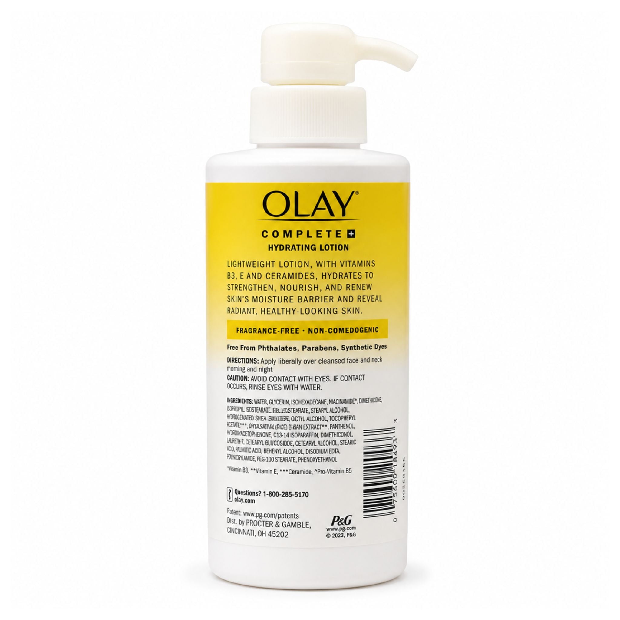 A white plastic pump bottle of Olay Completed Hydrating Lotion with a yellow label, shown against a plain white background.