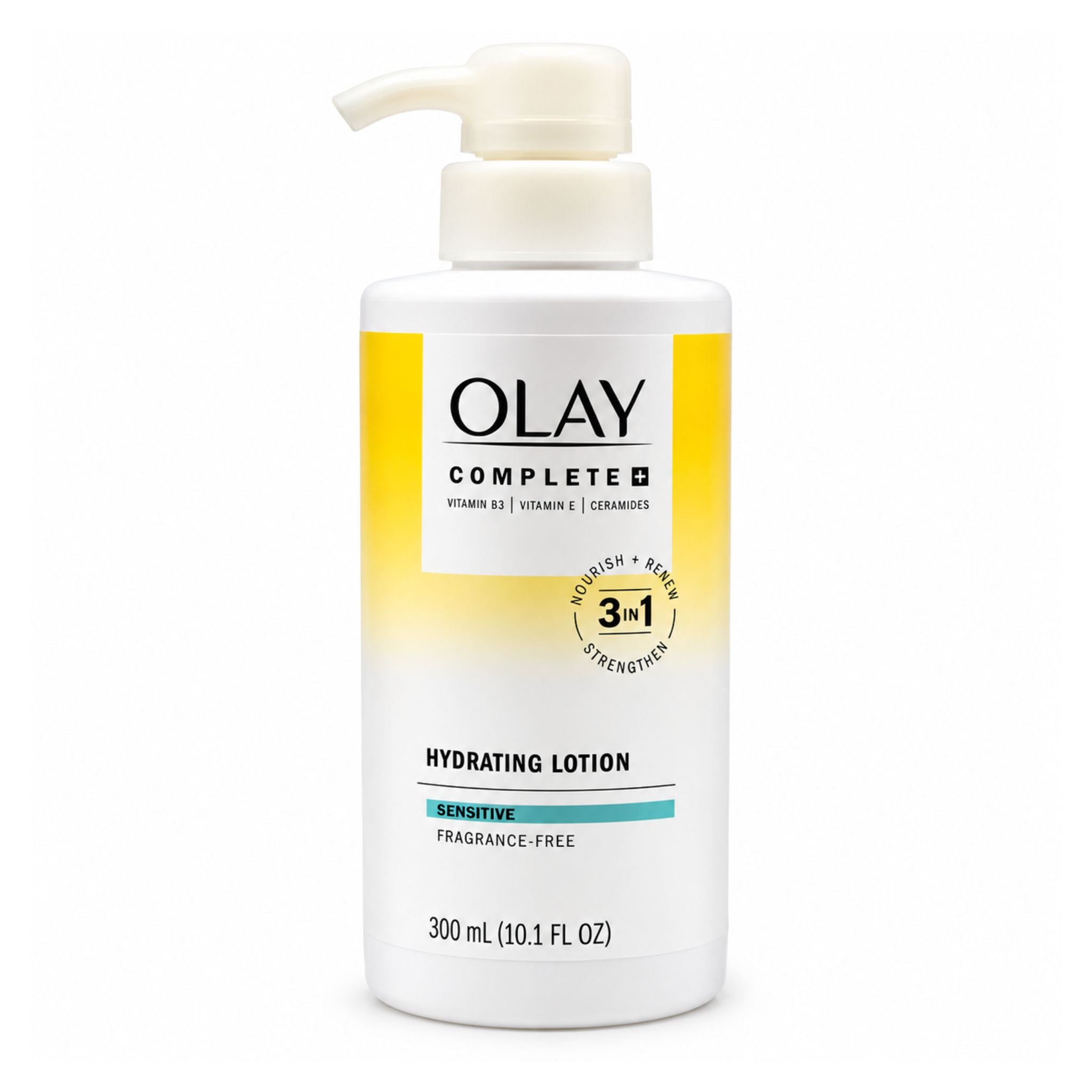 A 300 mL pump bottle of Olay Complete Hydrating Lotion for Sensitive skin, featuring a white bottle with a yellow-to-white gradient label and a cream-colored pump dispenser.